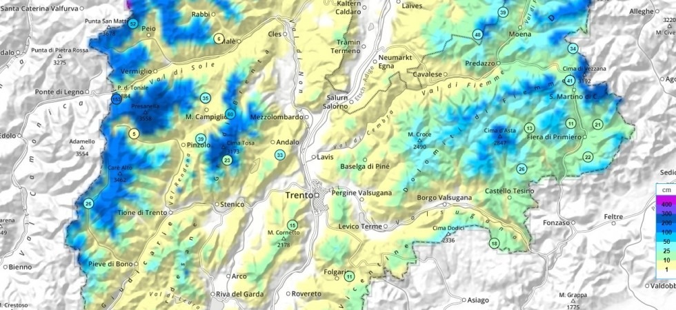 Foto tratta da Avalanche.report Tutta la provincia è imbiancata: a Trento 14 centimetri di neve, sul Presena si arriva a due metri